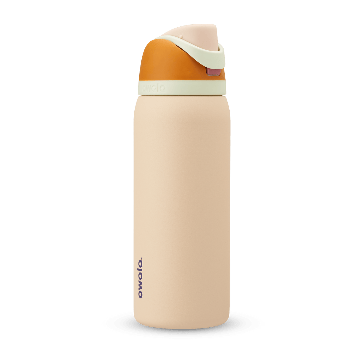 FreeSip 32oz in Water in the Desert, sand tan body with orange flip cap, mint green carry loop, and tan lid